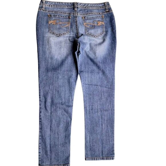 New Directions Weekend Rhinestone Sequin Embroidered Pocket Straight Blue Jeans - Picture 3 of 10